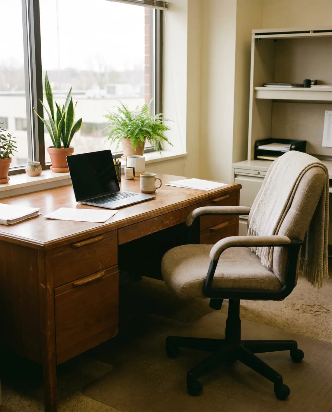 A warm, welcoming, light-filled office space with plants and soft daylight. Illustrative.