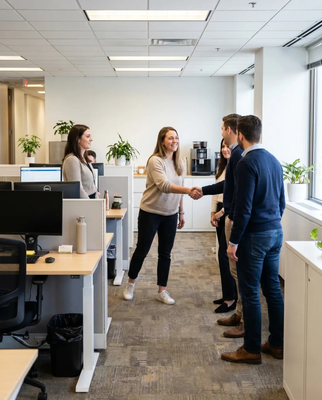 A wellness facilitator welcoming a small group at the start of a session in a bright office. Illustrative.