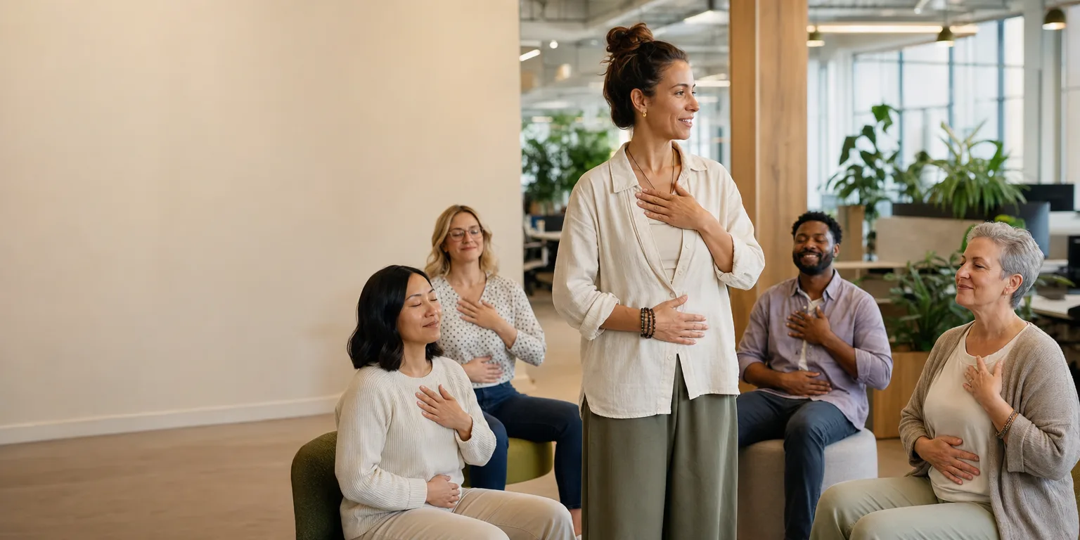 A qualified wellness facilitator gently leading a diverse group of employees through a calm breathing exercise in their office. Illustrative image.
