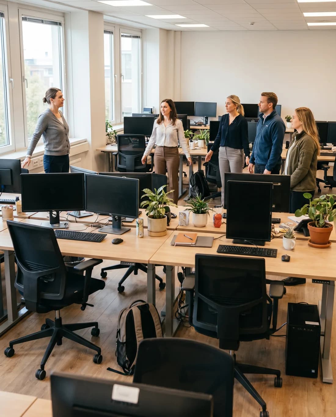 A small group flowing through a gentle guided movement sequence at their workplace. Illustrative.