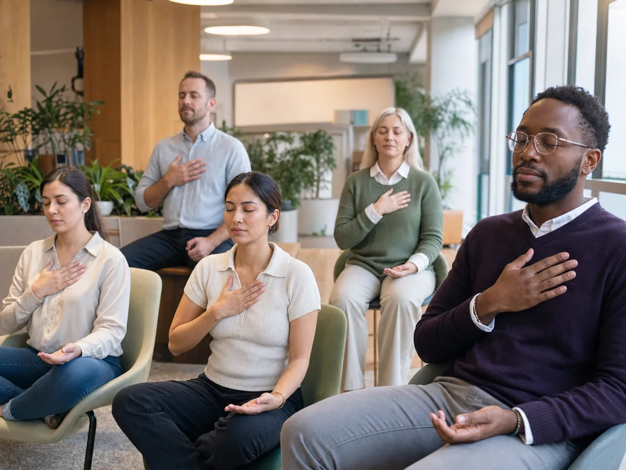 Colleagues seated with a hand resting on the chest in a calm breathing moment at the office. Illustrative image.