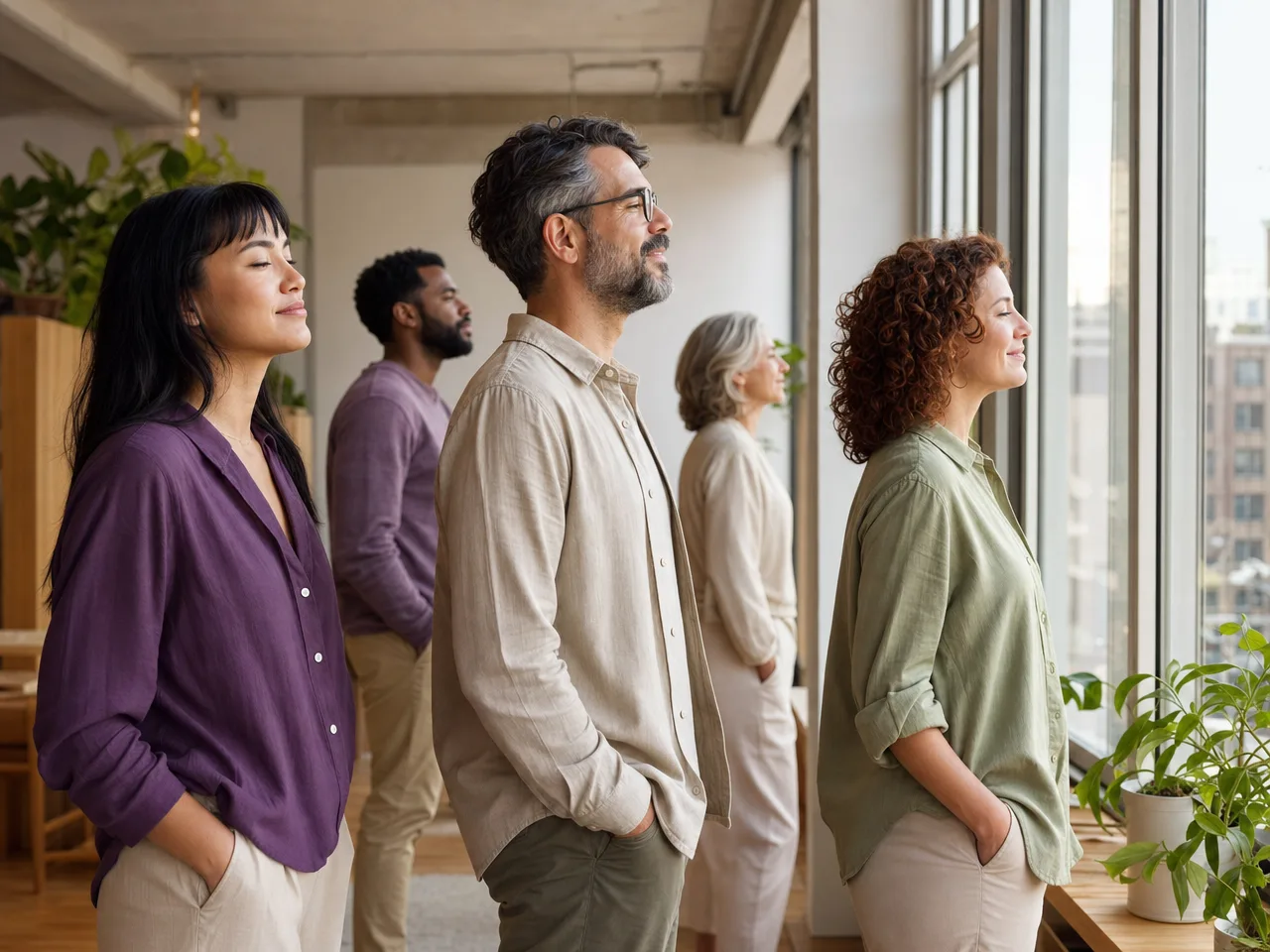 Employees standing by a bright office window, eyes gently closed, taking a screen-free break. Illustrative image.