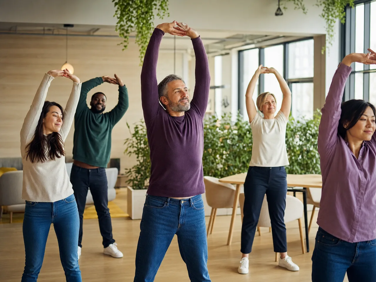 A multicultural team doing gentle standing stretches together in their workplace common area. Illustrative image.