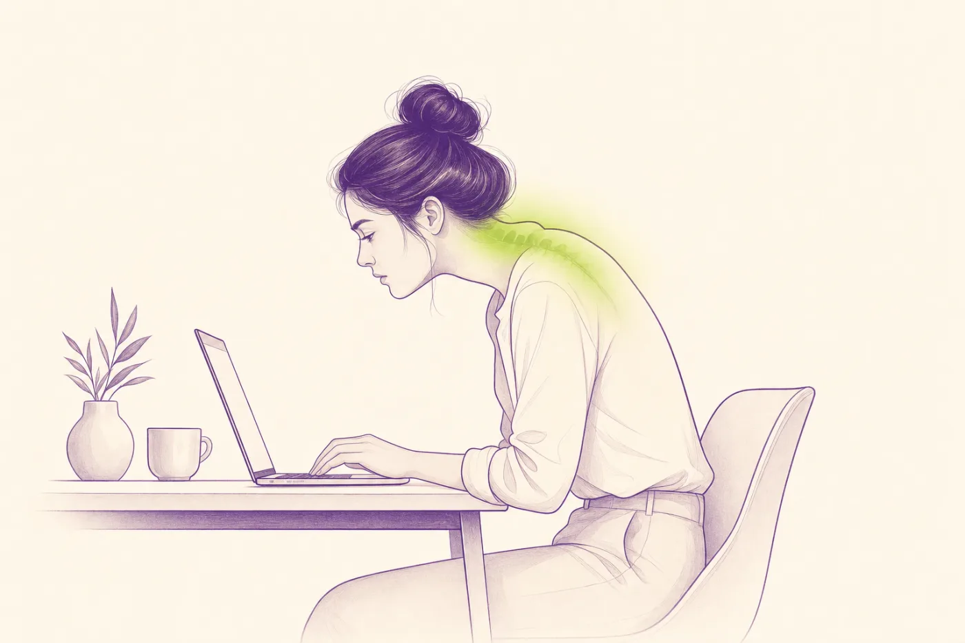Illustration of ‘tech neck’ — a forward-head posture at a laptop that strains the neck and upper back.