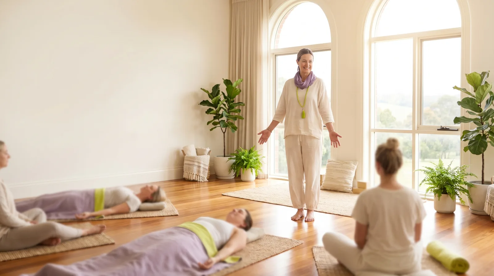 A qualified wellness facilitator calmly leading a small group through a session in their workplace. Illustrative image.