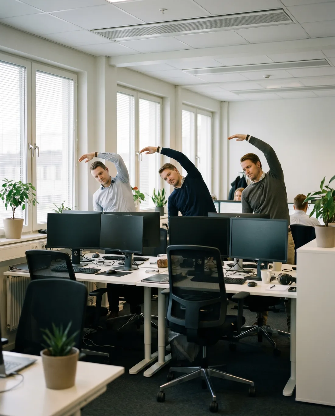 A small group of colleagues taking a calm mindful break together by bright office windows. Illustrative.