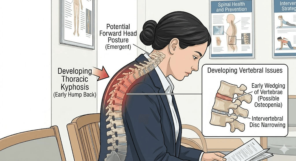 Illustration: a desk worker early on, with emerging forward-head posture and early thoracic curve. Illustrative.