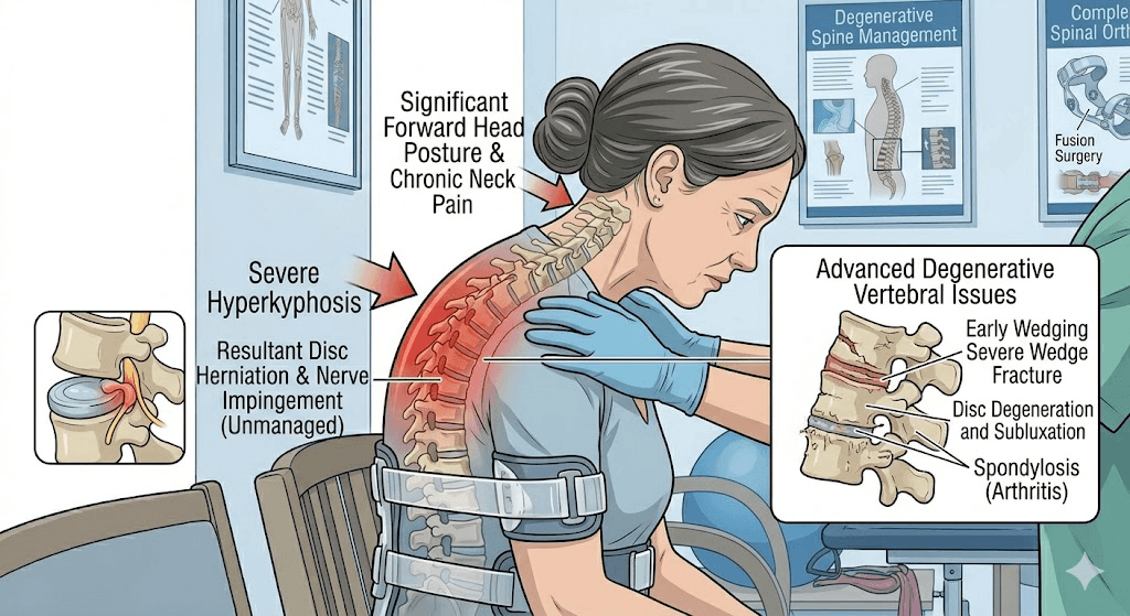 Illustration: the same posture worsened — severe hyperkyphosis, disc herniation and advanced degenerative changes. Illustrative.