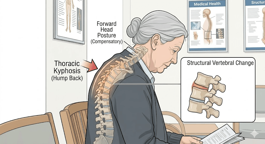 Illustration: an older desk worker with an established thoracic kyphosis (hump back) and permanent vertebral change. Illustrative.
